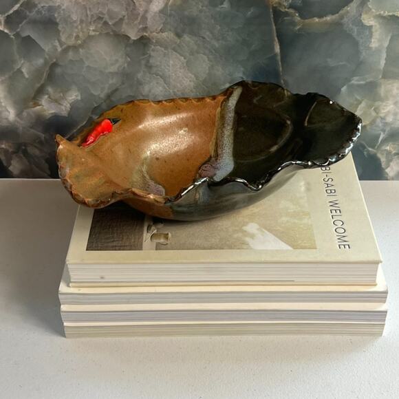 Medium 10" Abstract Art Studio Pottery Bowl Crimped Wavy Rim Brown Earth Tones - Picture 2 of 9